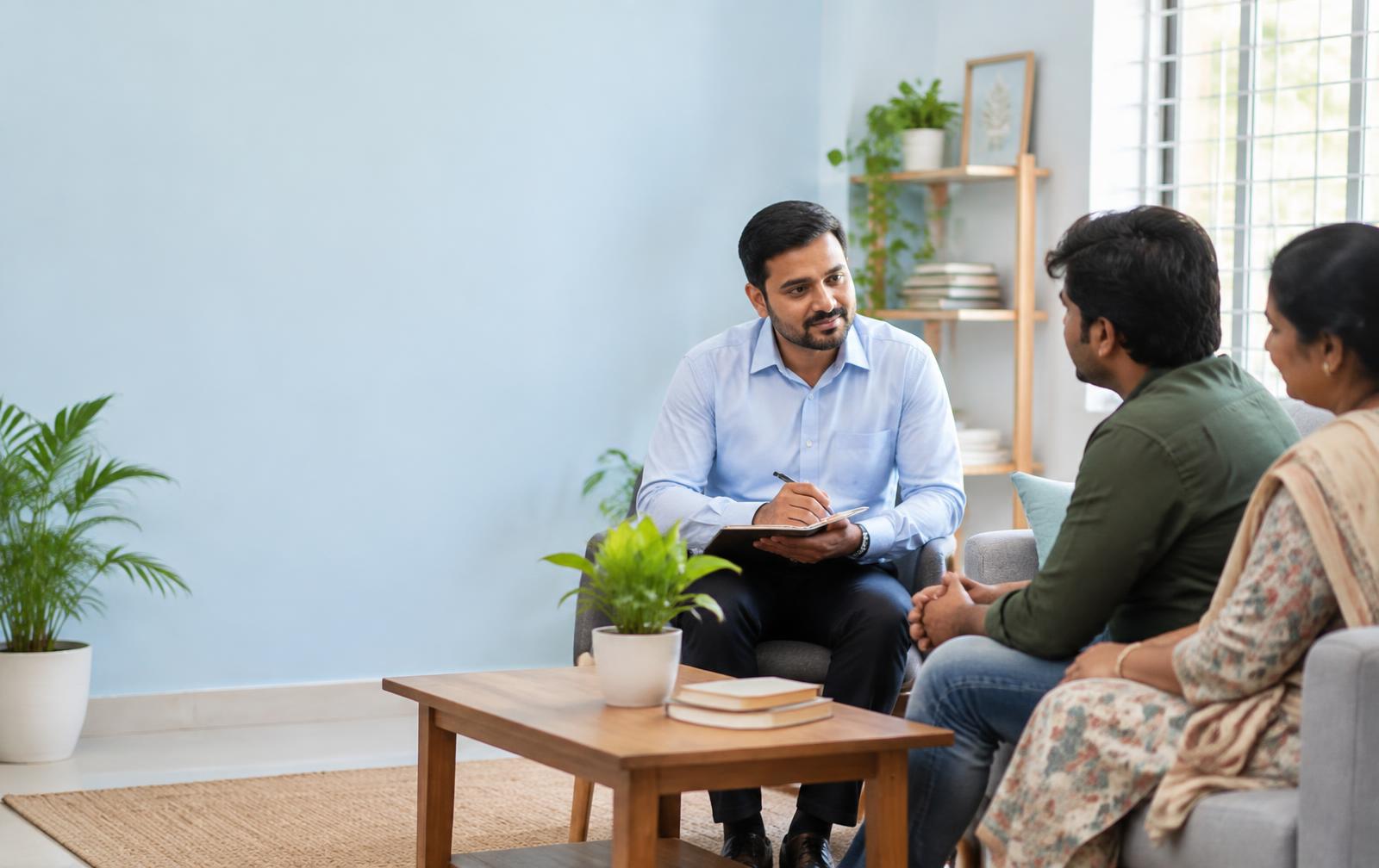 A counsellor speaking with an individual and family member in a calm support setting